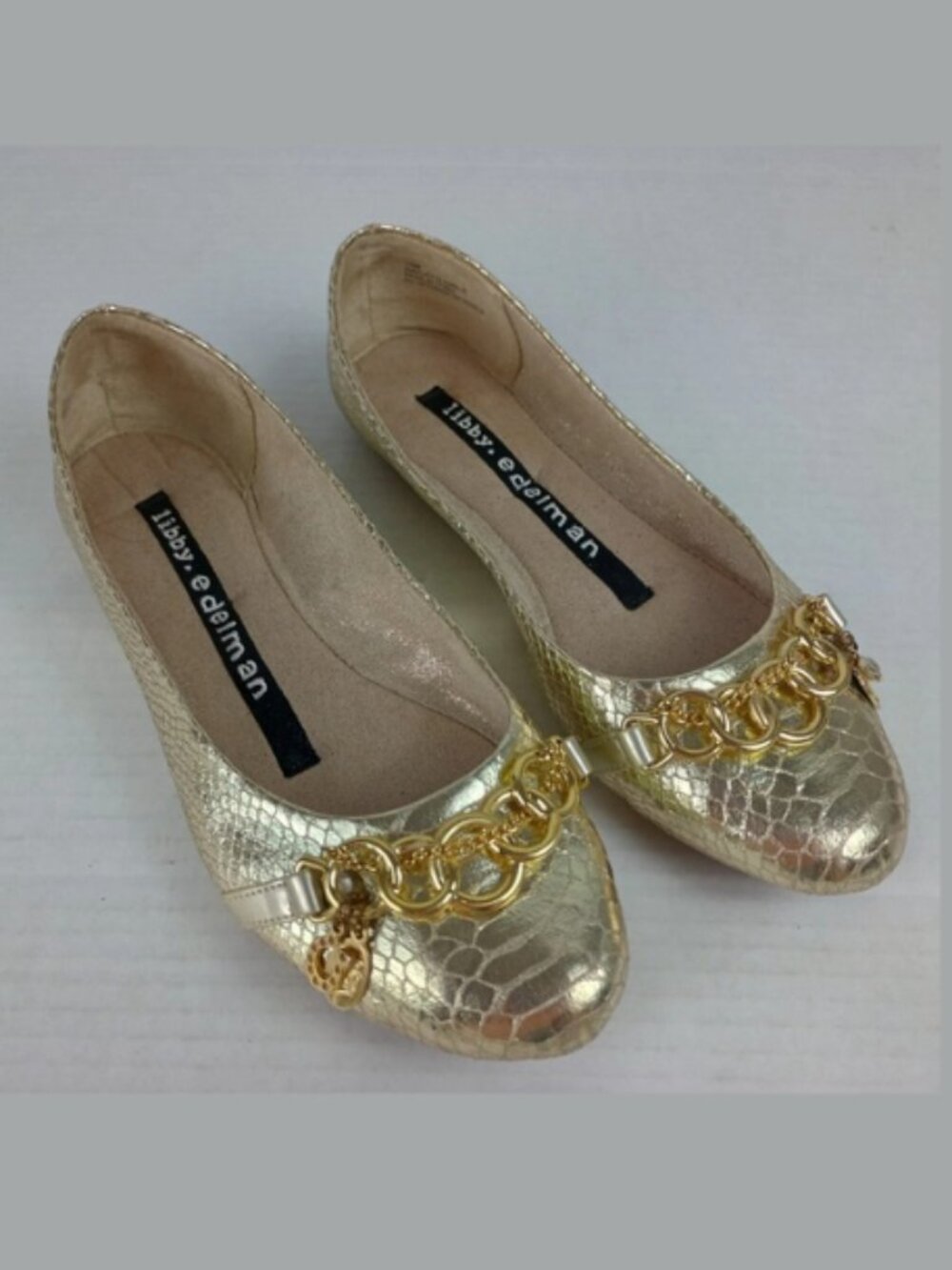 Libby Edelman Womens 7.5 M Gold Snakeskin Dog Horseshoe Charms Ballerina Flats